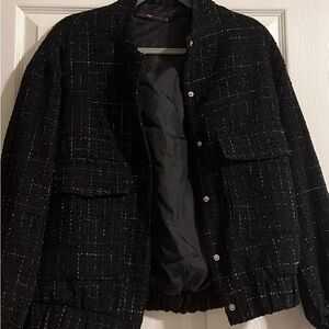 Chic Black Tweed Bomber Jacket
